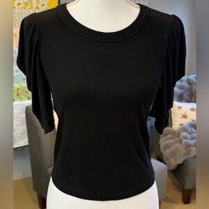 Michael Stars Fluted Sleeve Cropped Black Ribbed T-shirt Top